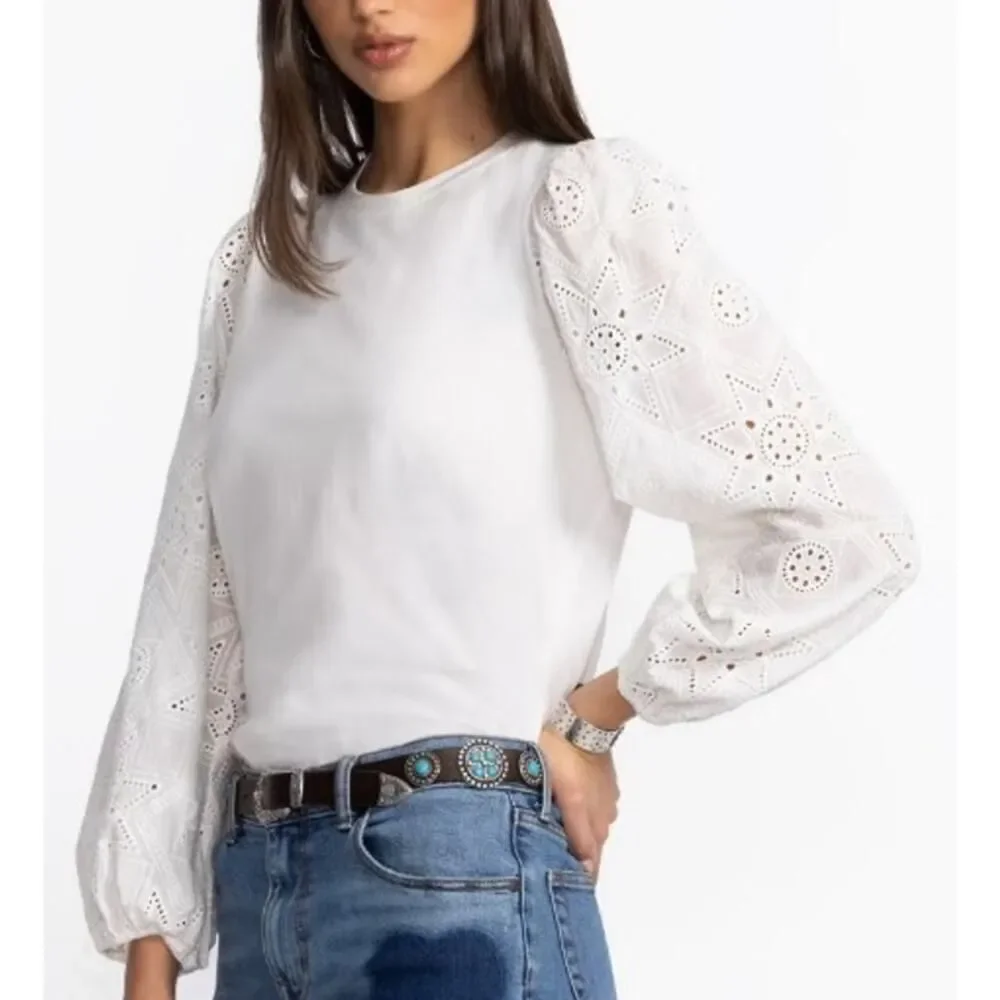 Johnny Was Jade Nora Easy Tee – Puff Sleeve Eyelet Cotton Top, Women’s Size M